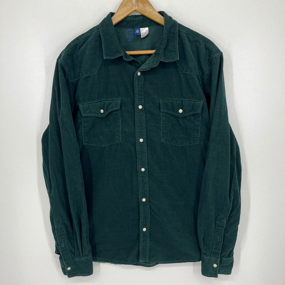 H&M Divided Mens Slim Fit Corduroy Western Shirt Green Size Large Solid